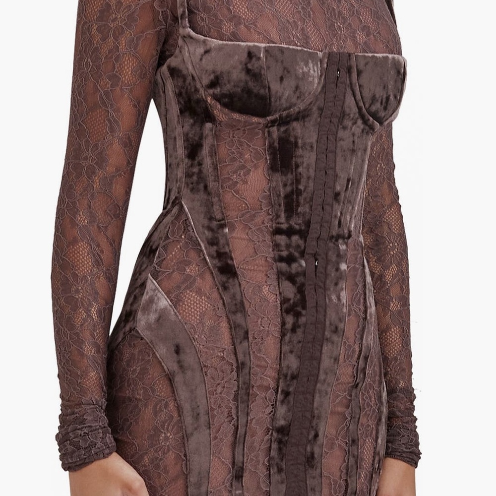 House of CB Taupe Velvet & Lace Long Sleeve Corset Dress - Picture 7 of 7